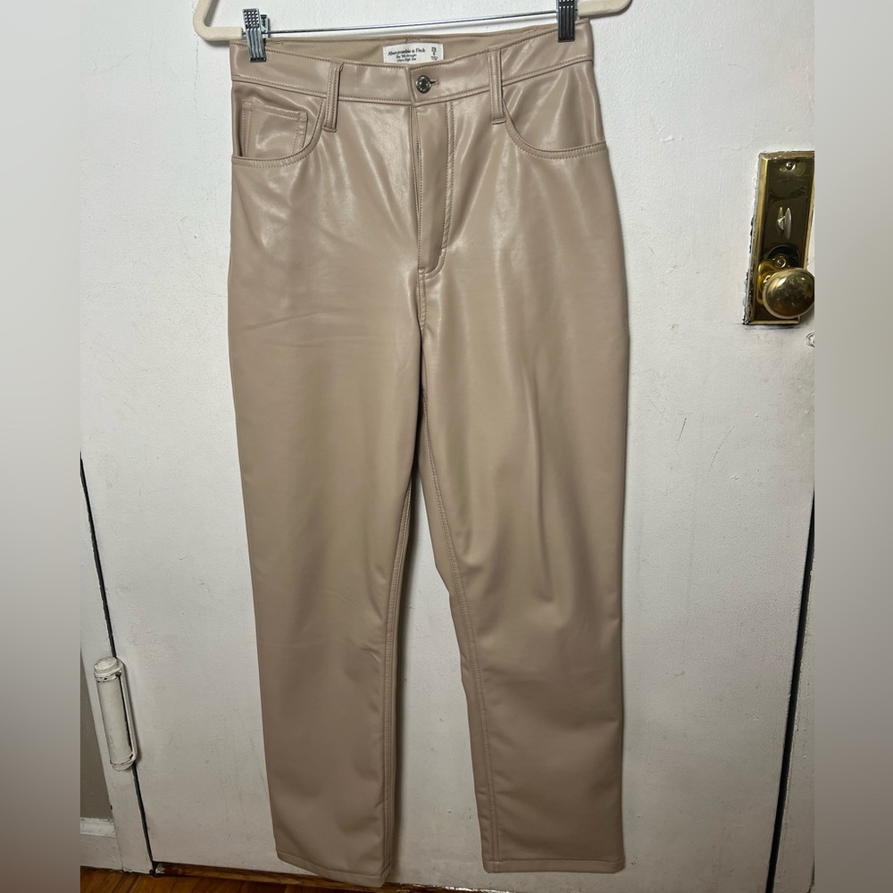 Beige Faux Leather Pants. Petite friendly